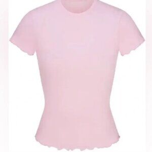 SKIMS Logo Pointelle Shirt Womens XS Cherry Blossom Pink Printed Stretch NWT